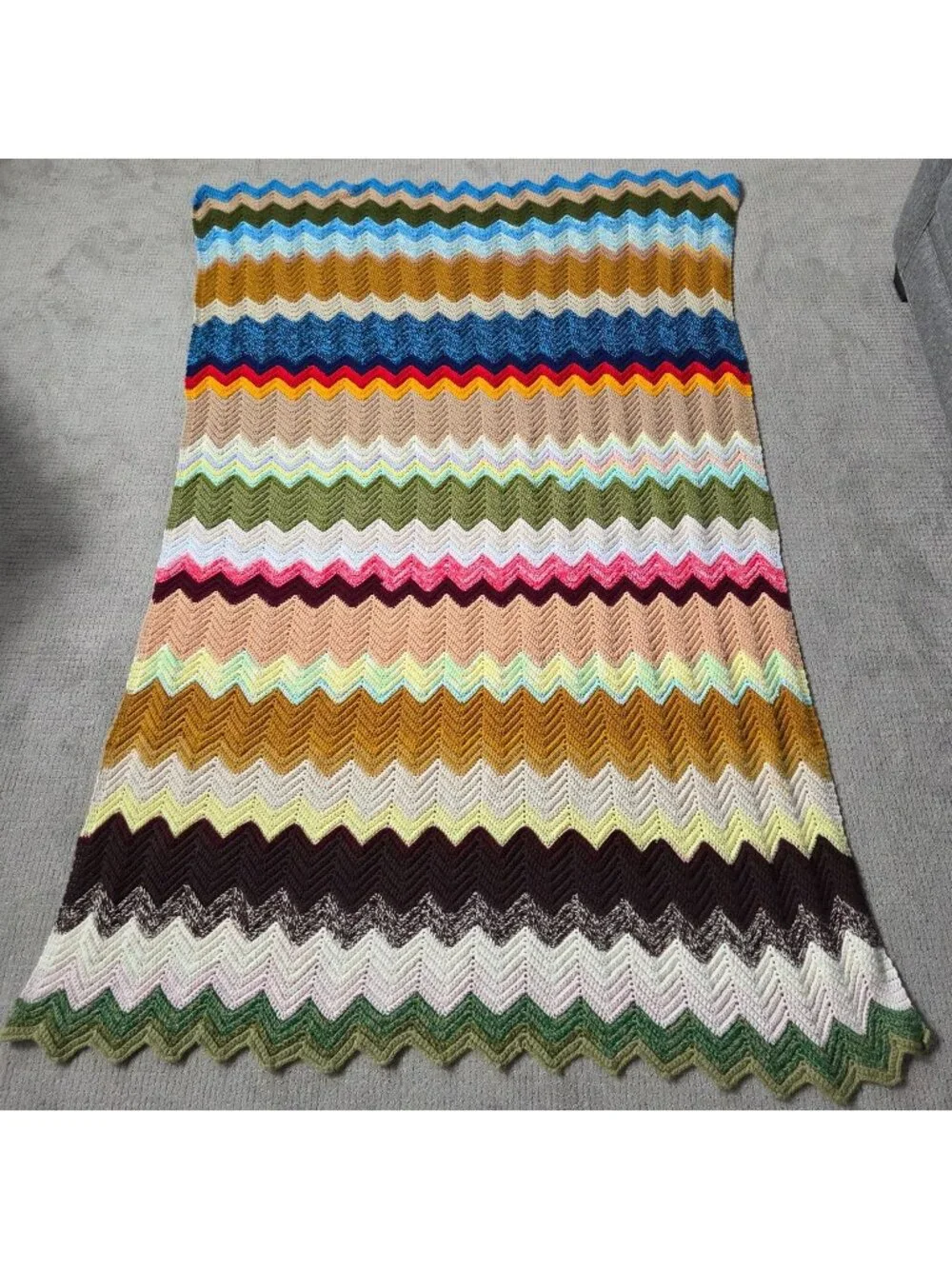 Vintage Handmade Colorful Rainbow Chevron Blanket Afghan 90
